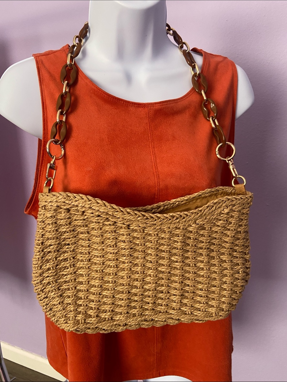 Woven Natural Straw Shoulder Bag with Tortoiseshell Chain Strap